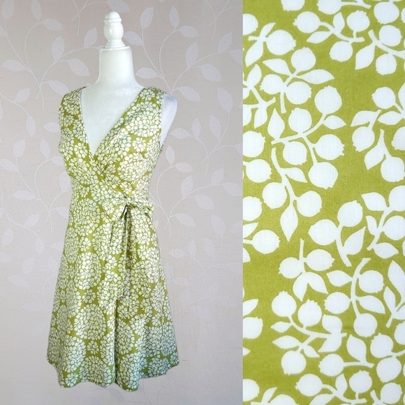 Lesley Evers Cotton Bold Botanical Print Wrap Dress Lime Green White Bow Tie - Picture 12 of 12